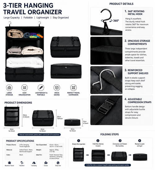 KAELV 3-Layer Hanging Travel Organiser — Foldable Mesh Storage Bag for Hotel, Holiday & Business Travel