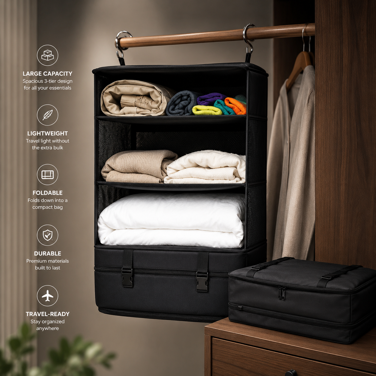 KAELV 3-Layer Hanging Travel Organiser — Foldable Mesh Storage Bag for Hotel, Holiday & Business Travel