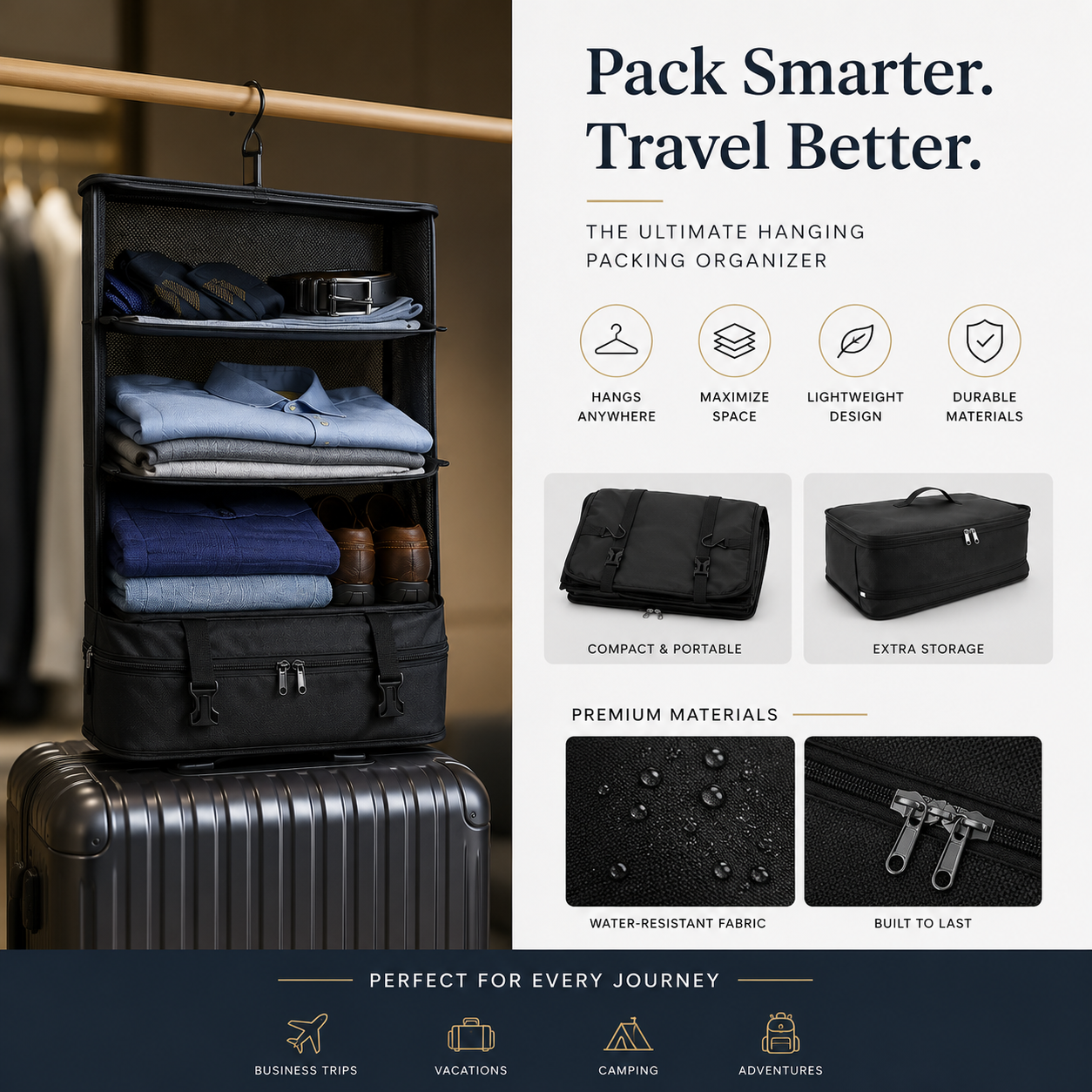 KAELV 3-Layer Hanging Travel Organiser — Foldable Mesh Storage Bag for Hotel, Holiday & Business Travel