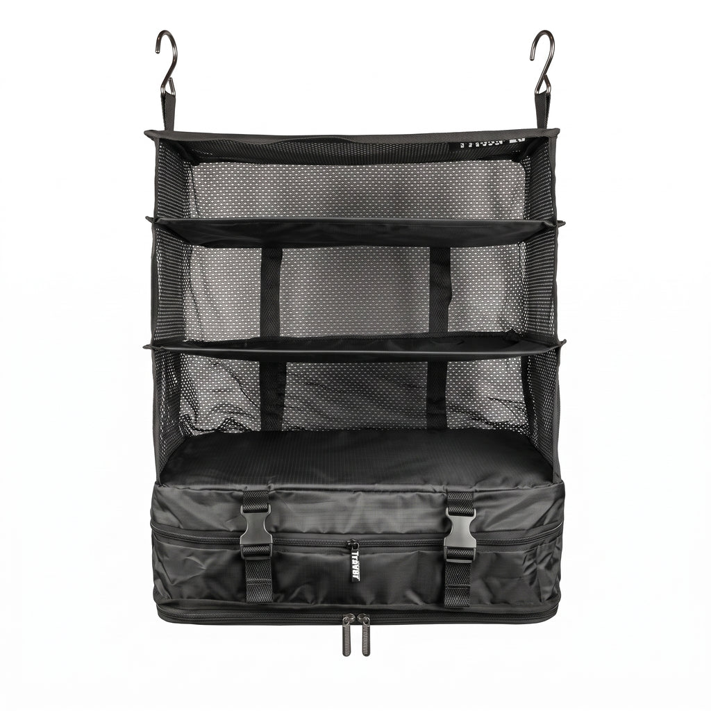 KAELV 3-Layer Hanging Travel Organiser — Foldable Mesh Storage Bag for Hotel, Holiday & Business Travel
