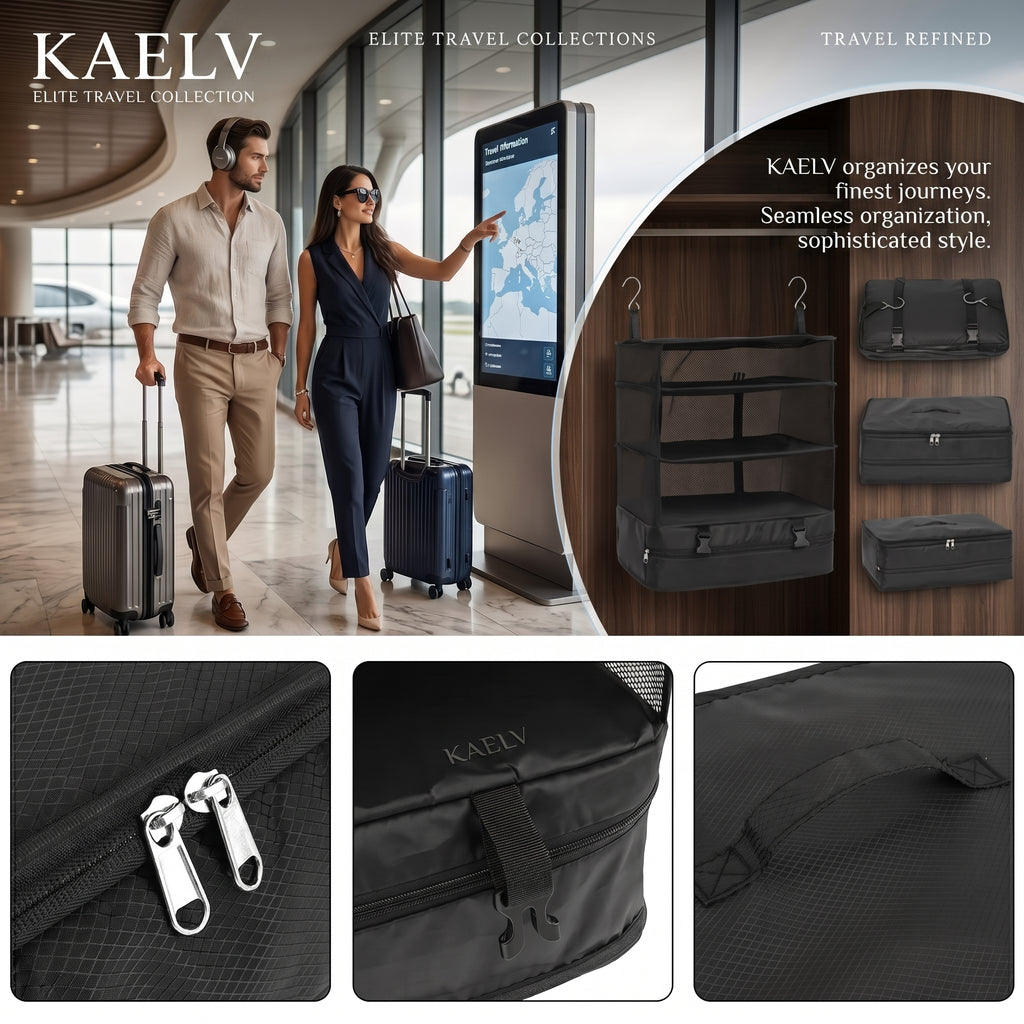 KAELV 3-Layer Hanging Travel Organiser — Foldable Mesh Storage Bag for Hotel, Holiday & Business Travel