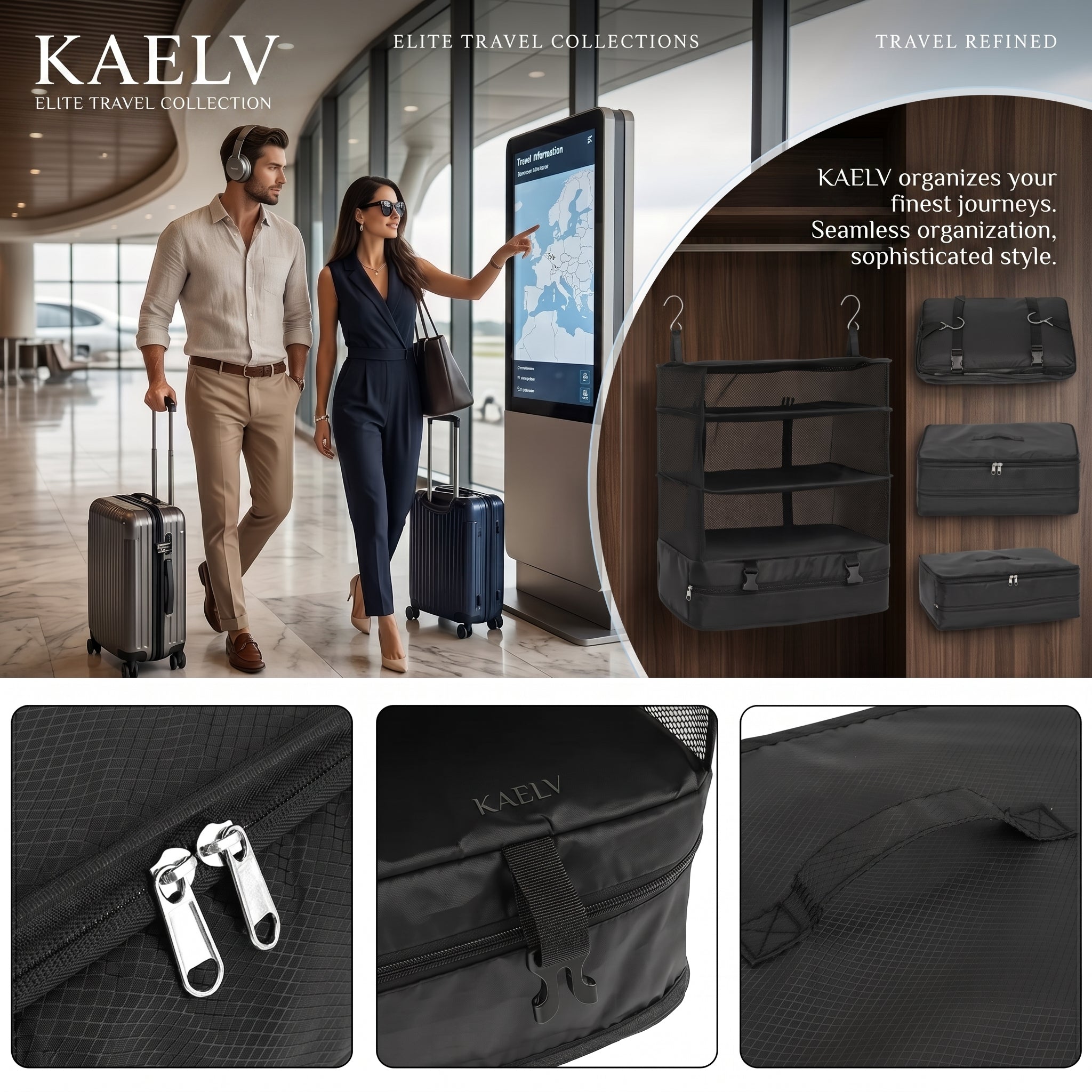 KAELV 3-Layer Hanging Travel Organiser — Foldable Mesh Storage Bag for Hotel, Holiday & Business Travel